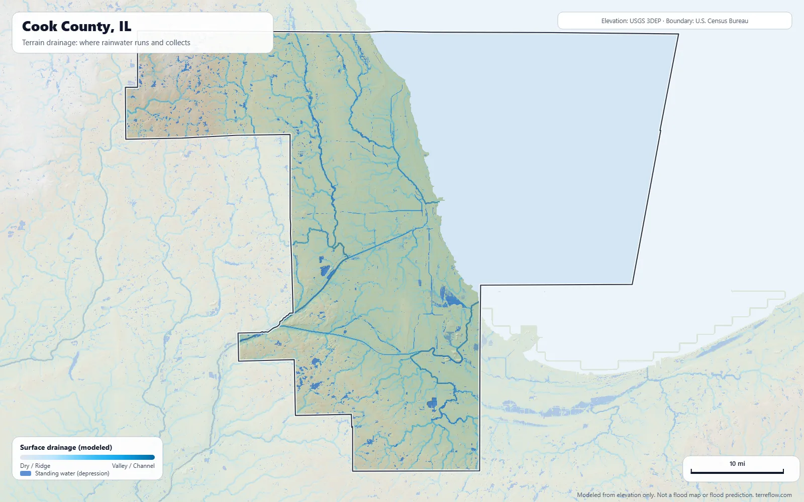 Terrain drainage map of Cook County, IL: modeled paths where rainwater runs and collects, from USGS 3DEP elevation data, with the county boundary