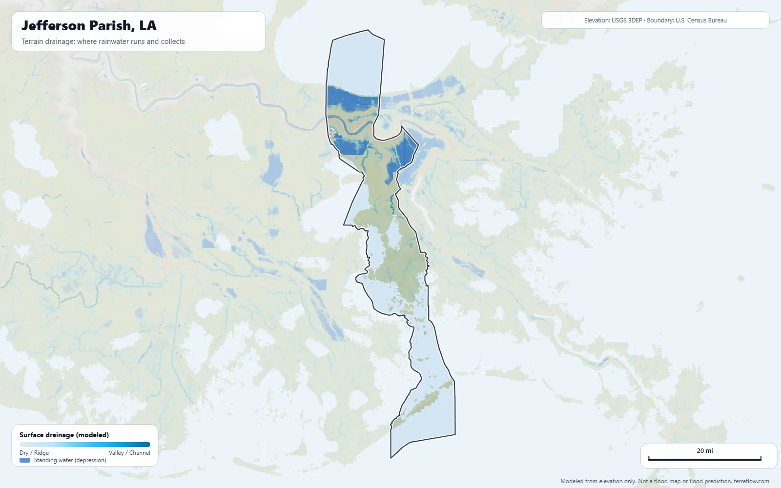 Terrain drainage map of Jefferson Parish, LA: modeled paths where rainwater runs and collects, from USGS 3DEP elevation data, with the parish boundary