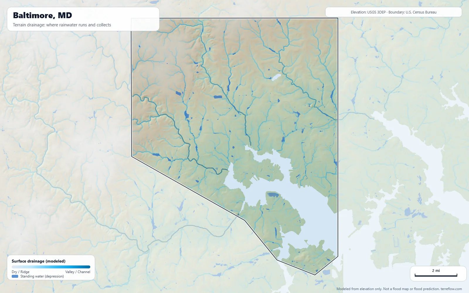Terrain drainage map of Baltimore, MD: modeled paths where rainwater runs and collects, from USGS 3DEP elevation data, with the city boundary