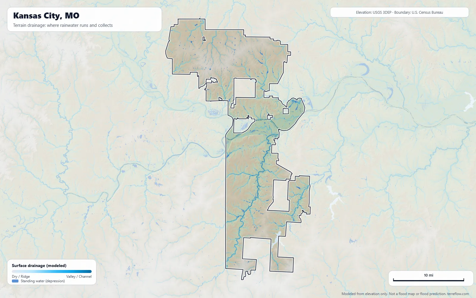 Terrain drainage map of Kansas City, MO: modeled paths where rainwater runs and collects, from USGS 3DEP elevation data, with the city boundary