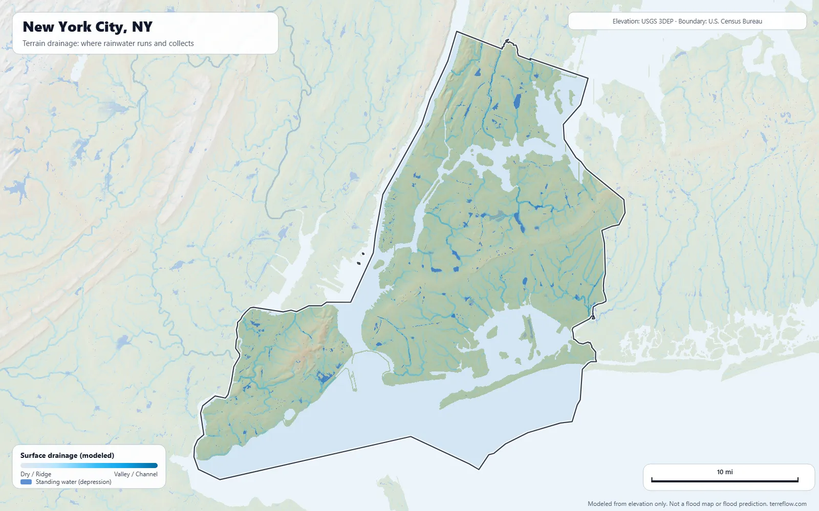 Terrain drainage map of New York City, NY: modeled paths where rainwater runs and collects, from USGS 3DEP elevation data, with the city boundary