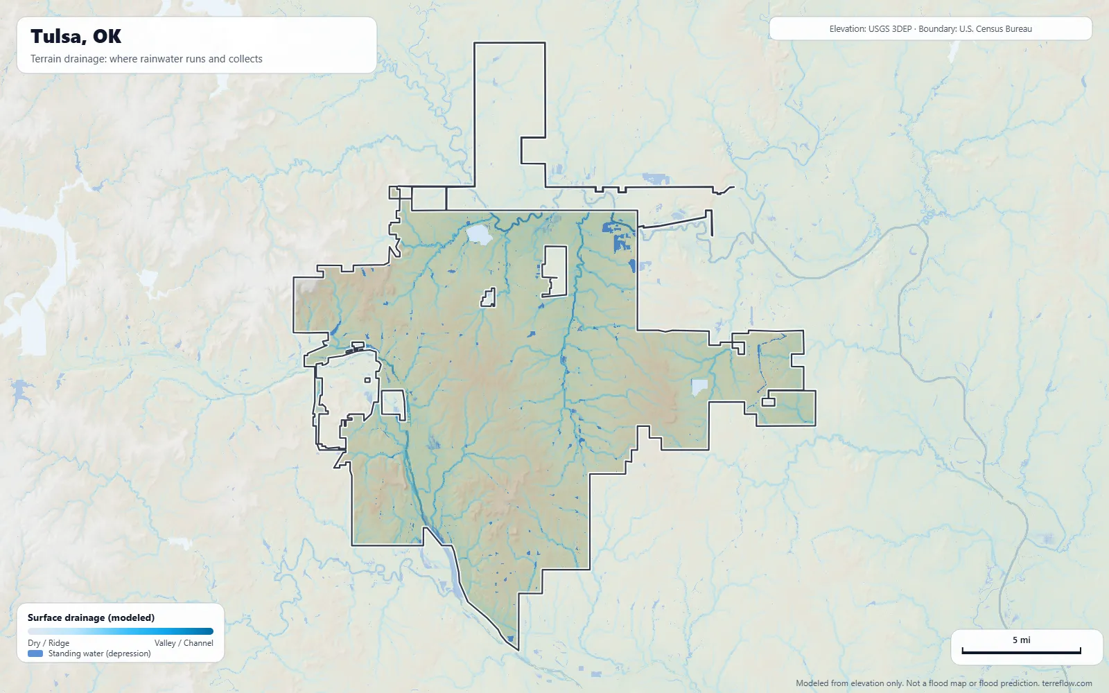 Terrain drainage map of Tulsa, OK: modeled paths where rainwater runs and collects, from USGS 3DEP elevation data, with the city boundary