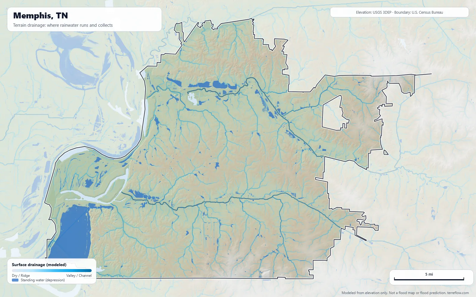 Terrain drainage map of Memphis, TN: modeled paths where rainwater runs and collects, from USGS 3DEP elevation data, with the city boundary