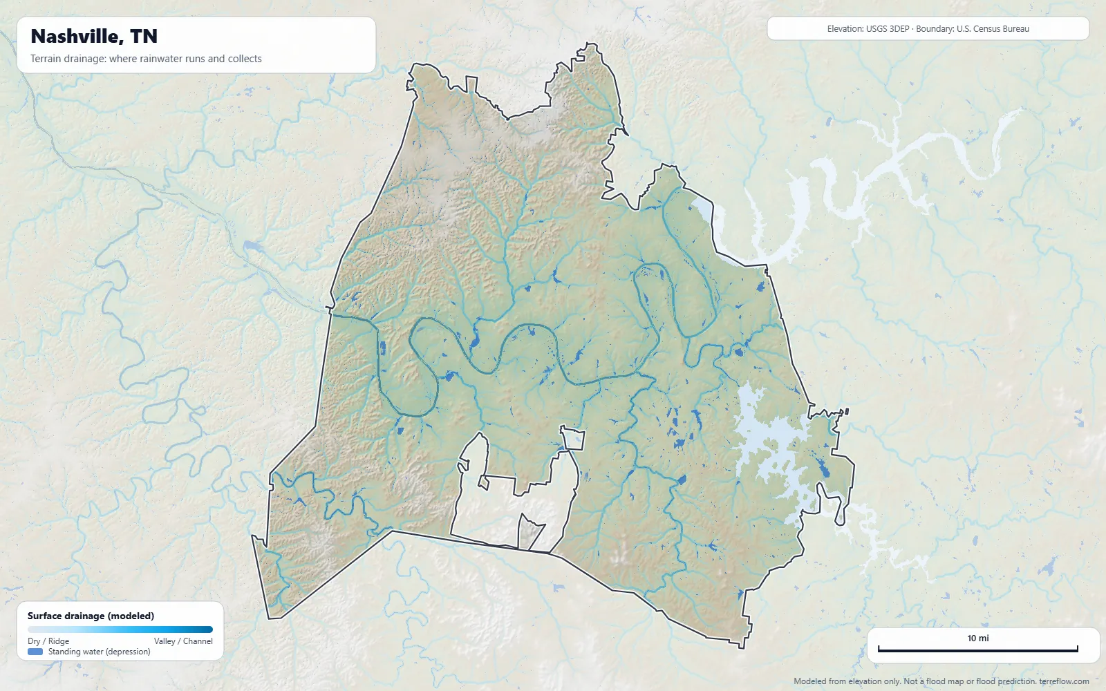 Terrain drainage map of Nashville, TN: modeled paths where rainwater runs and collects, from USGS 3DEP elevation data, with the city boundary