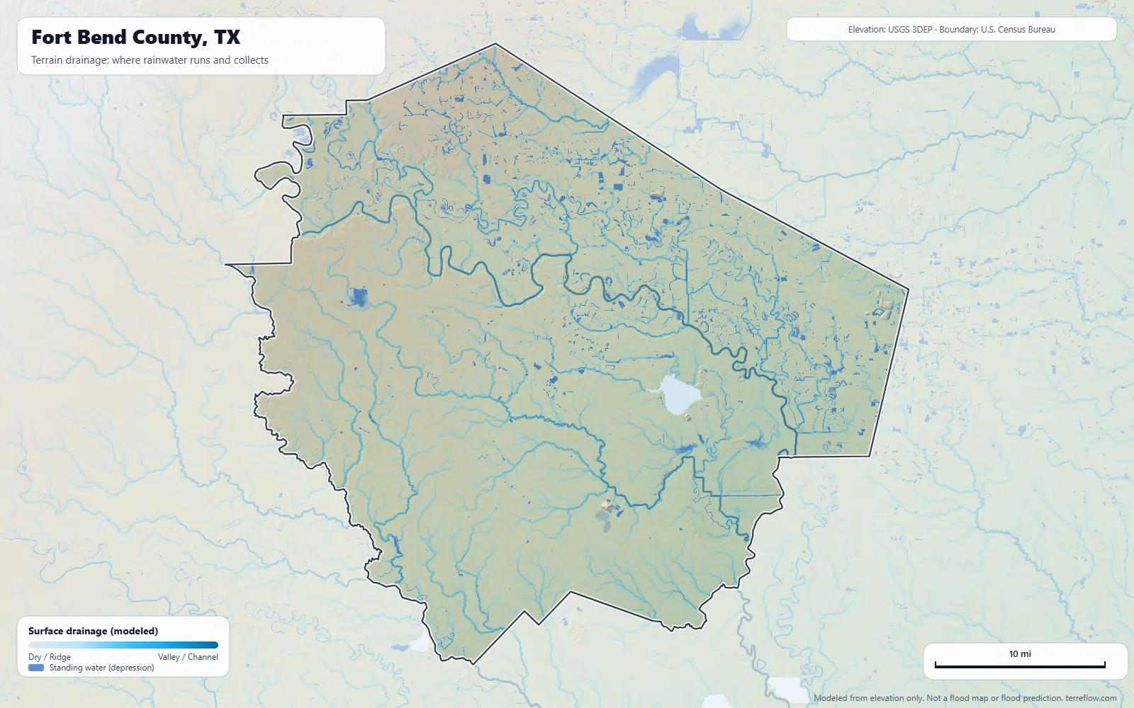 Terrain drainage map of Fort Bend County, TX: modeled paths where rainwater runs and collects, from USGS 3DEP elevation data, with the county boundary