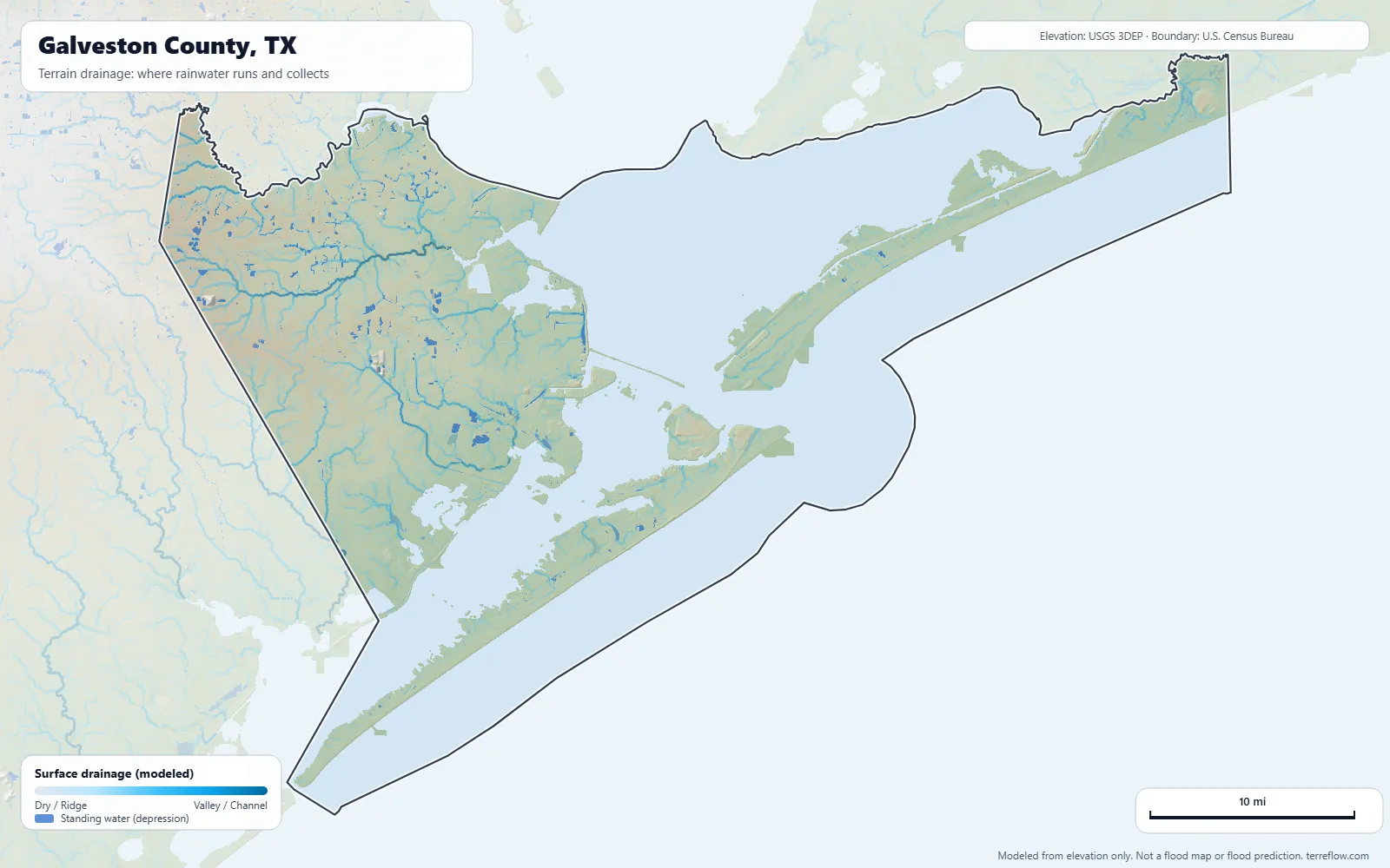 Terrain drainage map of Galveston County, TX: modeled paths where rainwater runs and collects, from USGS 3DEP elevation data, with the county boundary